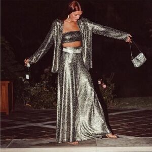 Show Me Your MuMu Sparkling disco glitz wide leg Silver Pants size L euc